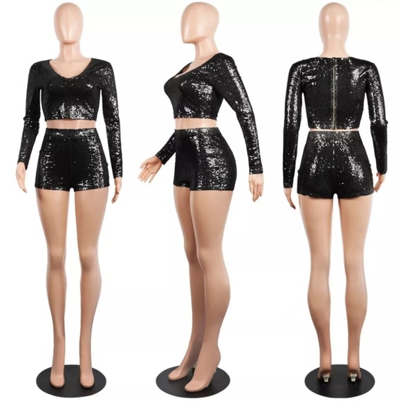 NEW LA Boutique Black Sequined Short Set - Picture 6 of 8